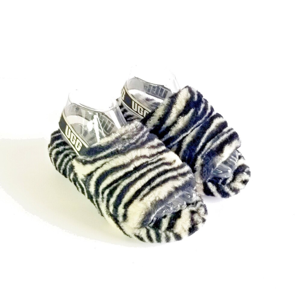 UGG Fluff Yeah Slide Black White Zebra Slipper Sandal Sz 5 36 Sheepskin Fur - Picture 2 of 14
